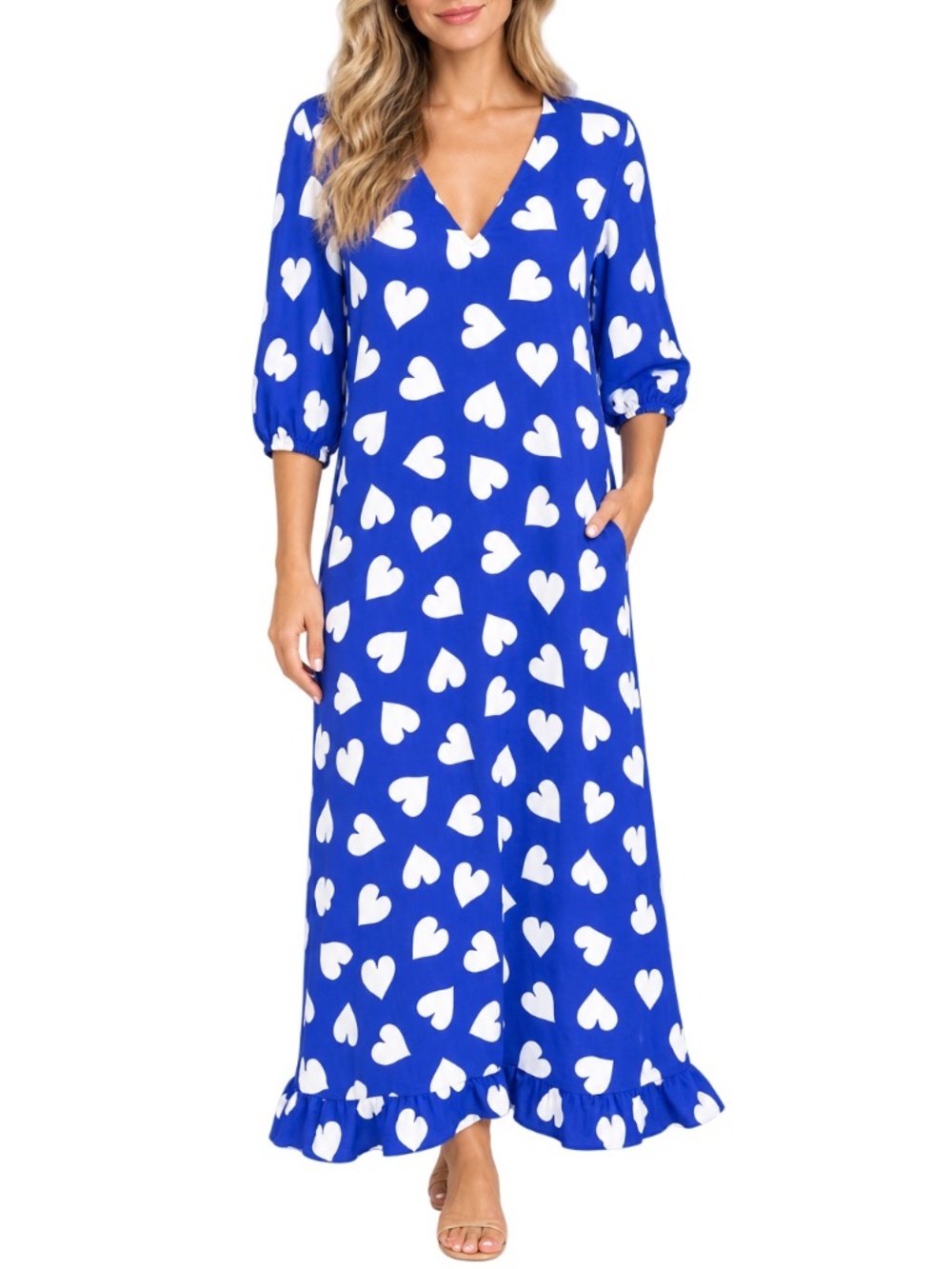 Essentiel Antwerp Cobalt Blue White Heart Print V Neck Ruffle Hem Dress Sz 34/XS